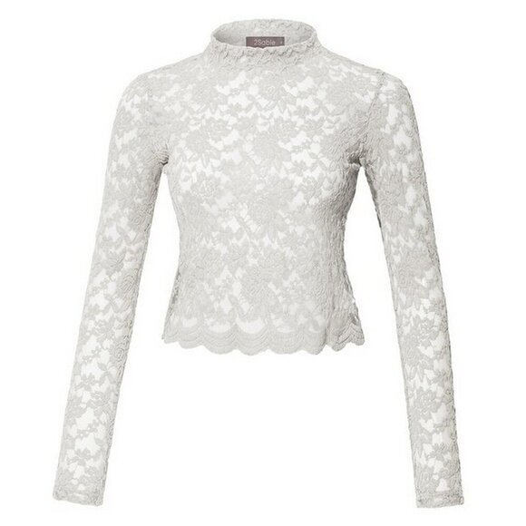 Off White Stretch Lace Crop Top Long Sleeve - Size Large - Picture 1 of 3